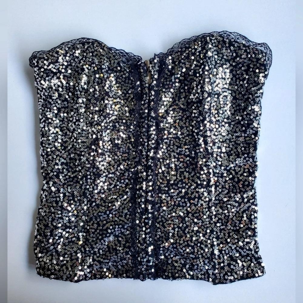 Vintage Y2K black silver sequin top Oh Yes corset zip up bustier Festival Small